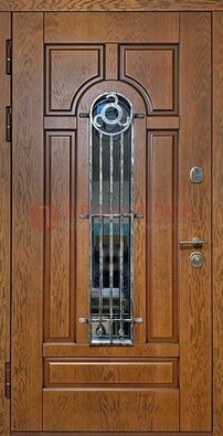 Коричневая стальная дверь со стеклом и ковкой для кирпичного дома ДСК-146 