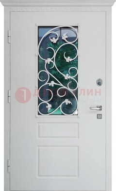 Белая металлическая дверь винорит со стеклом и ковкой ДСК-184